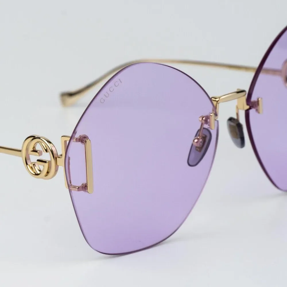 Gucci Women Sunglasses Gold Chain Violet Round GG1203S 001 NEW AUTHENTIC